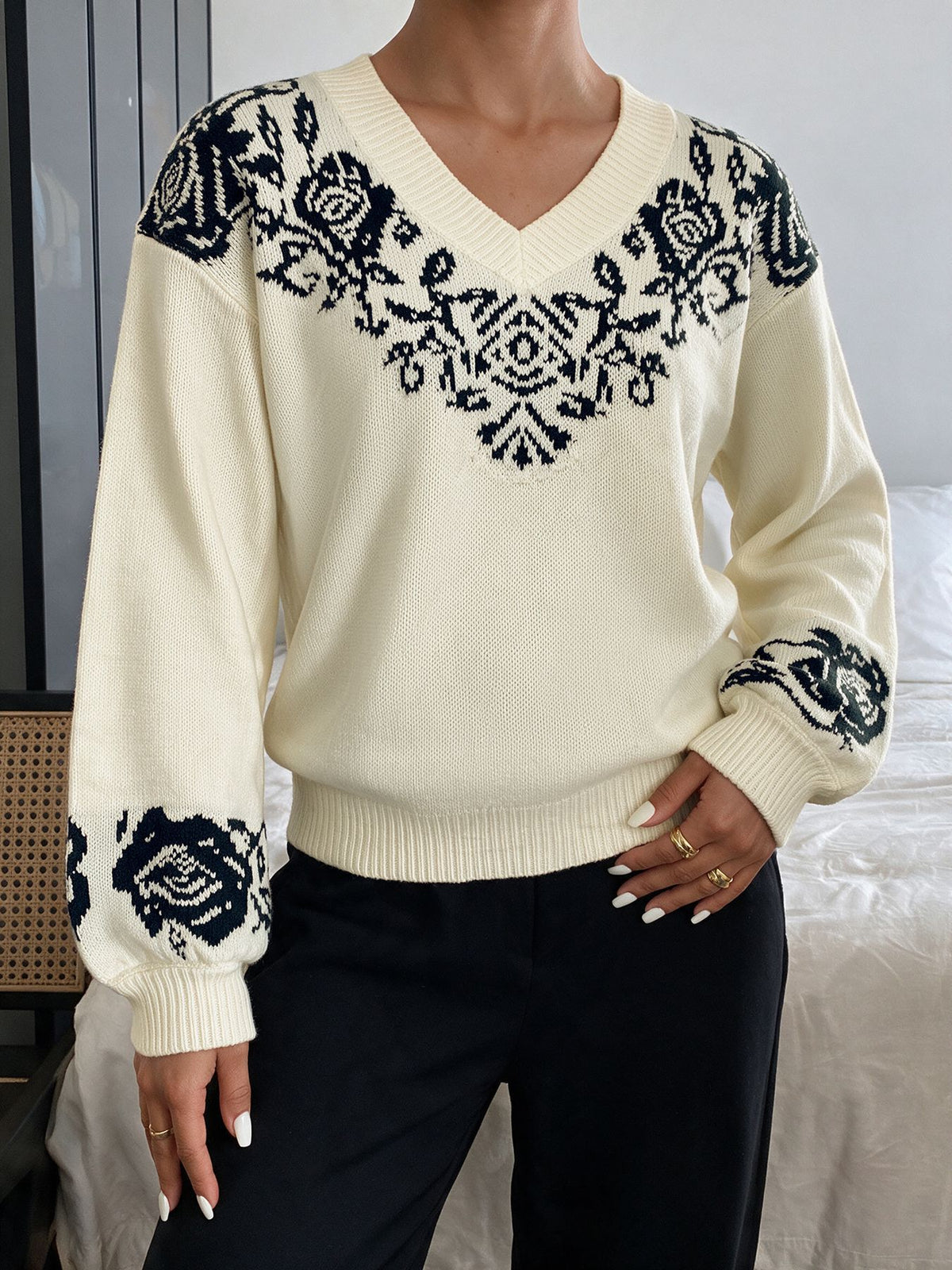 Enid Rose Jacquard V-Neck Knit Sweater