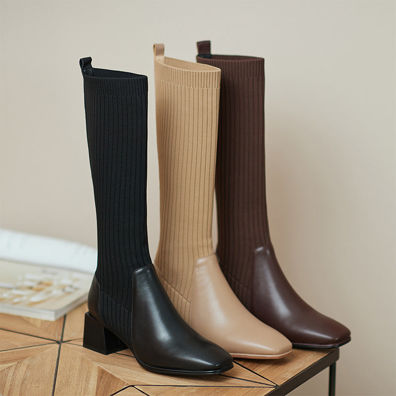 Vilma Ribbed Knit Block Heel Knee-High Boots