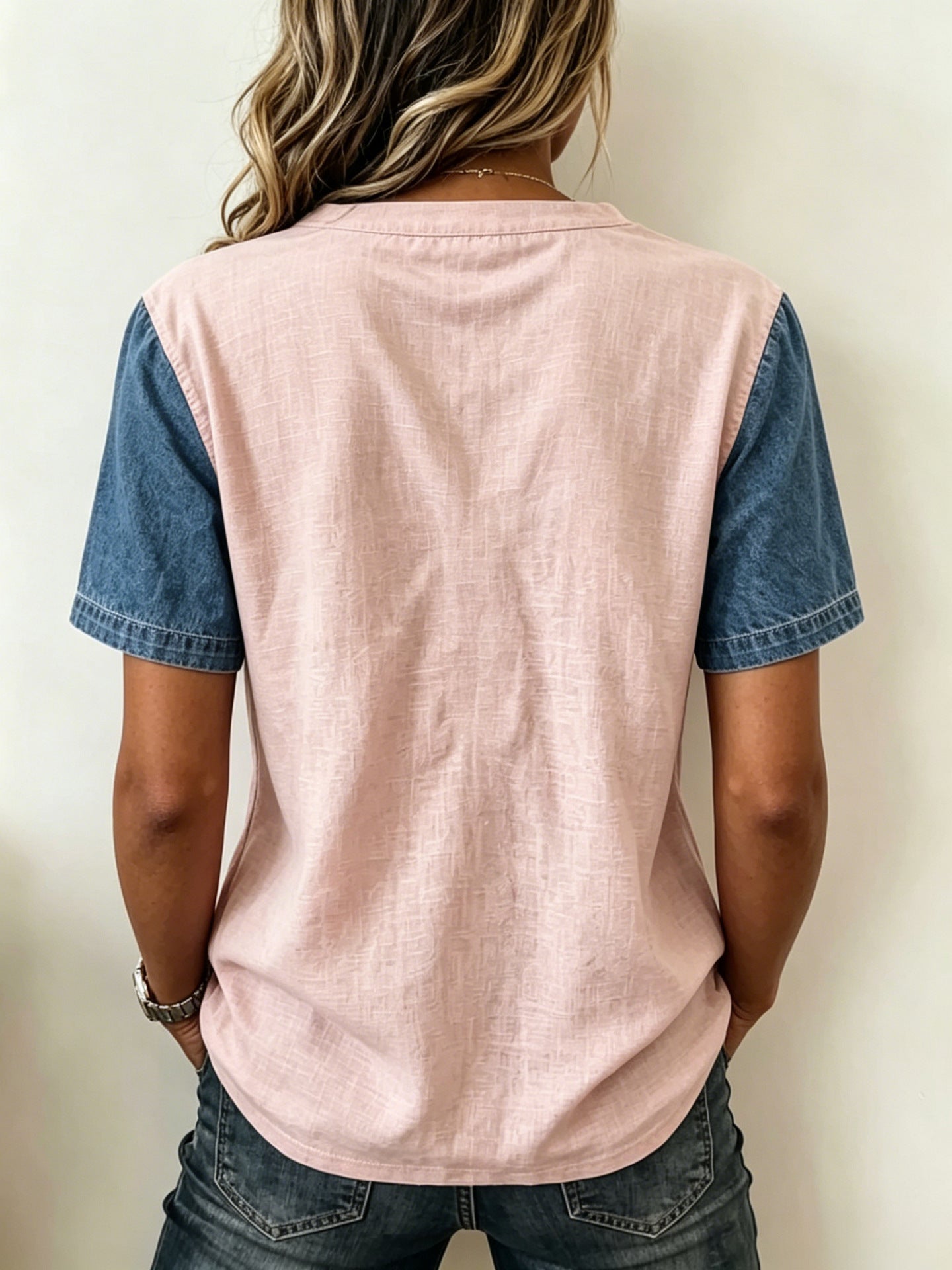 Alexandra Denim Contrast V-Neck Blouse