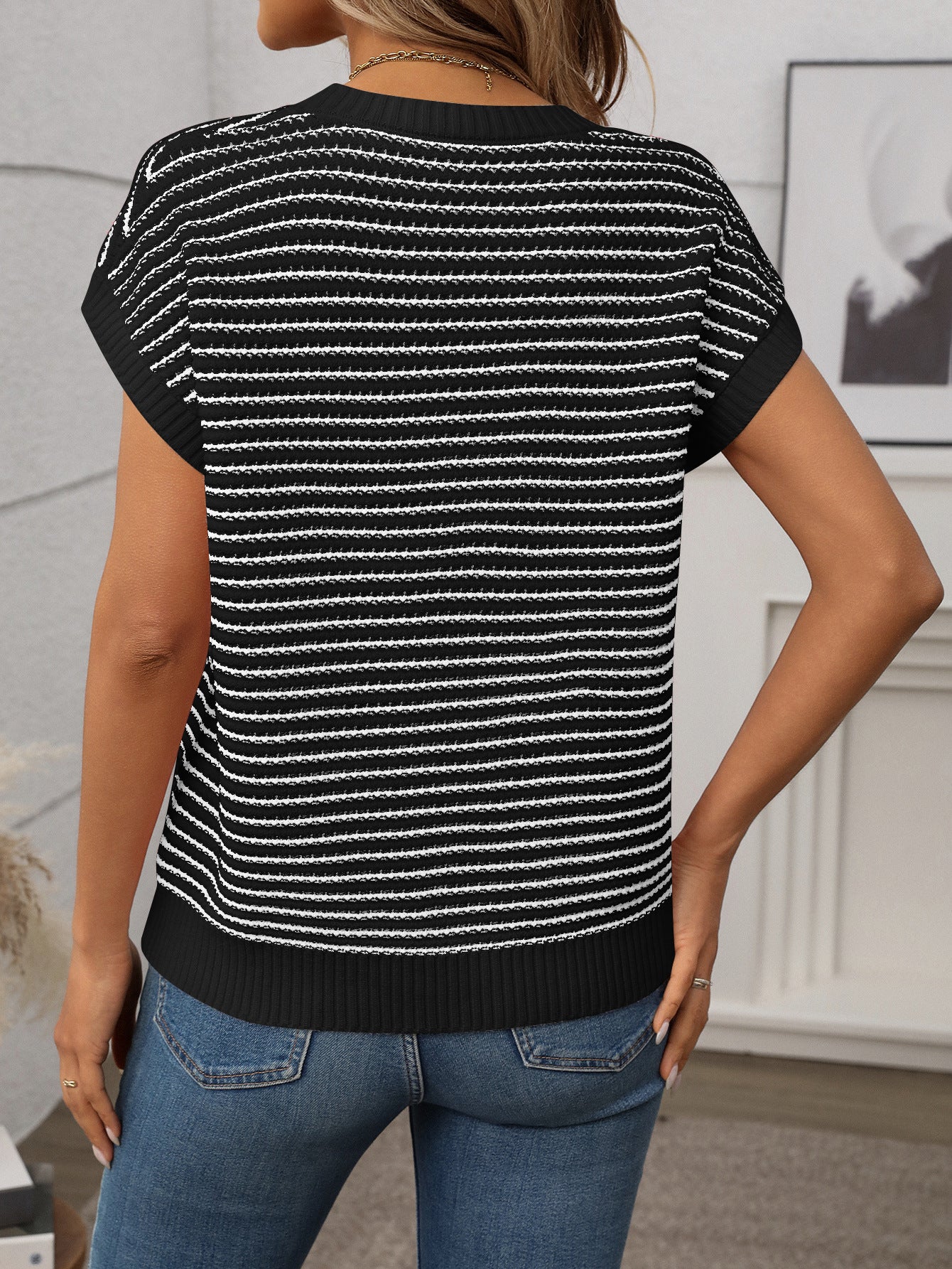 Irene Striped Textured Cap Sleeve Knit Top