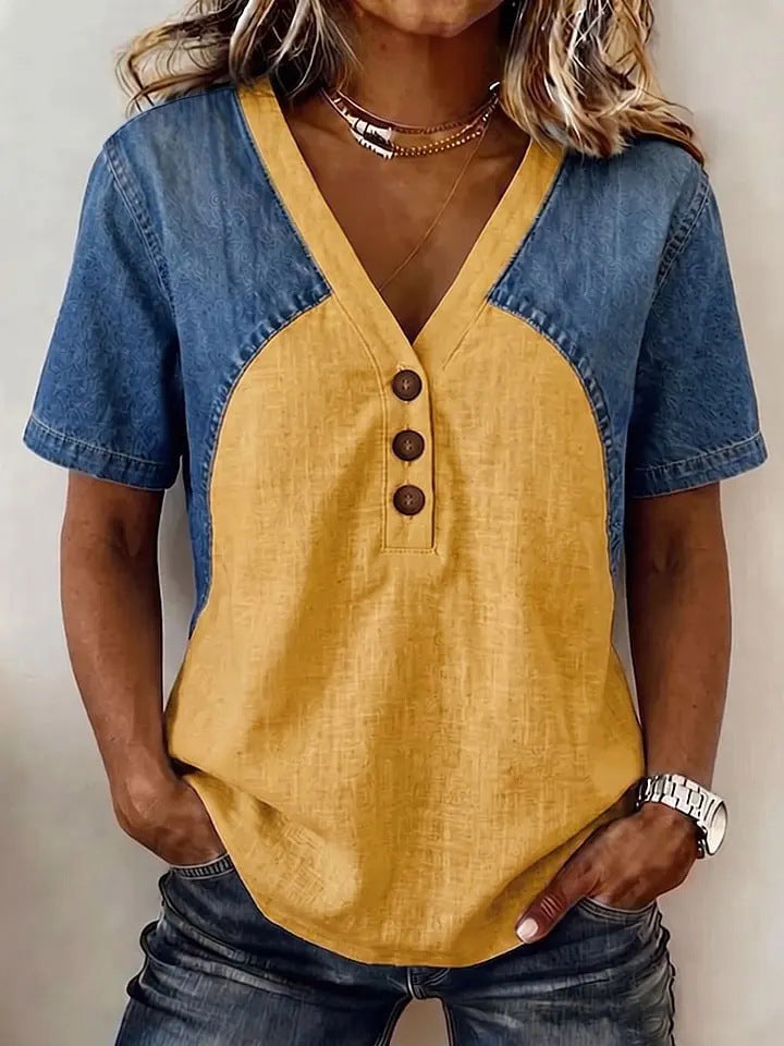 Alexandra Denim Contrast V-Neck Blouse