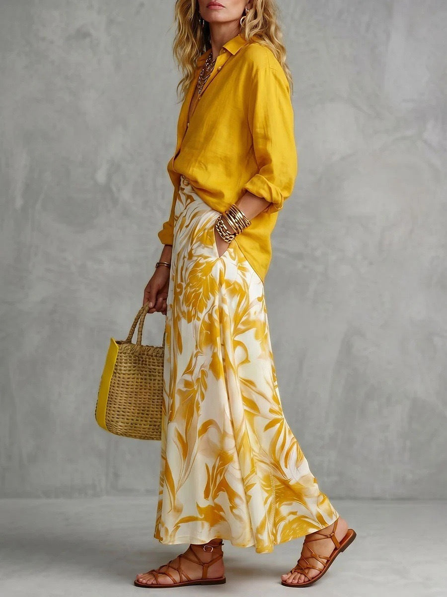 Daria Yellow Shirt & Floral Maxi Skirt Two Piece Set
