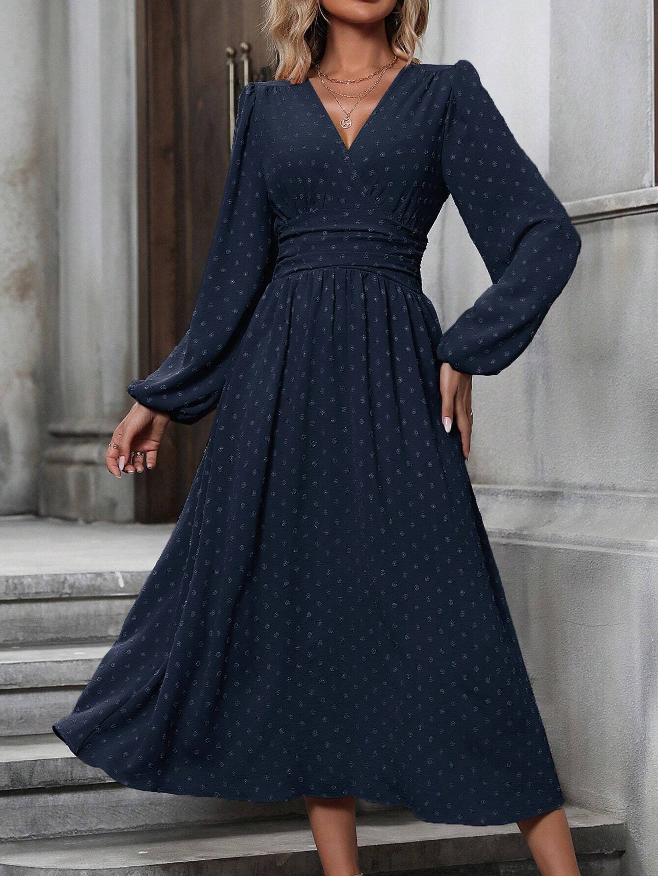 Margo & Main – Navy Swiss Dot Chiffon Midi Dress V-Neck and Lantern Sleeve View, US women's sizes