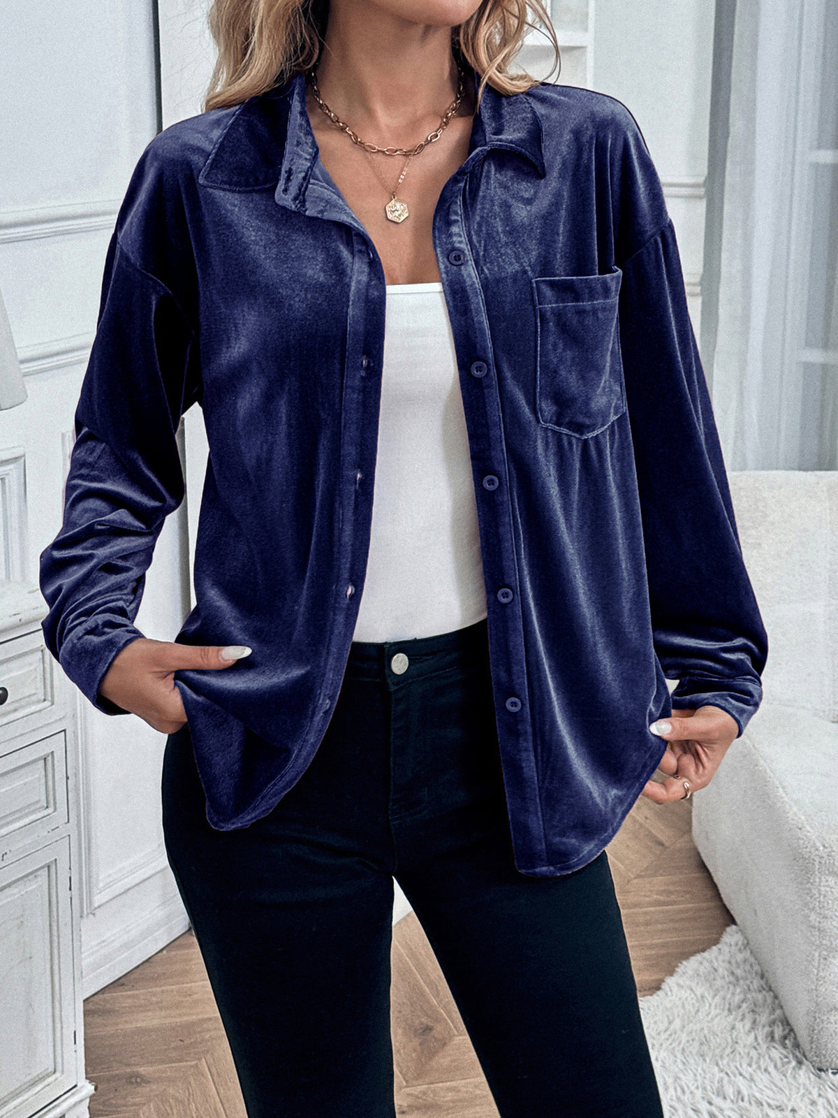 Margo & Main royal blue velvet button-front shirt — worn open over a white tank, US women's sizes