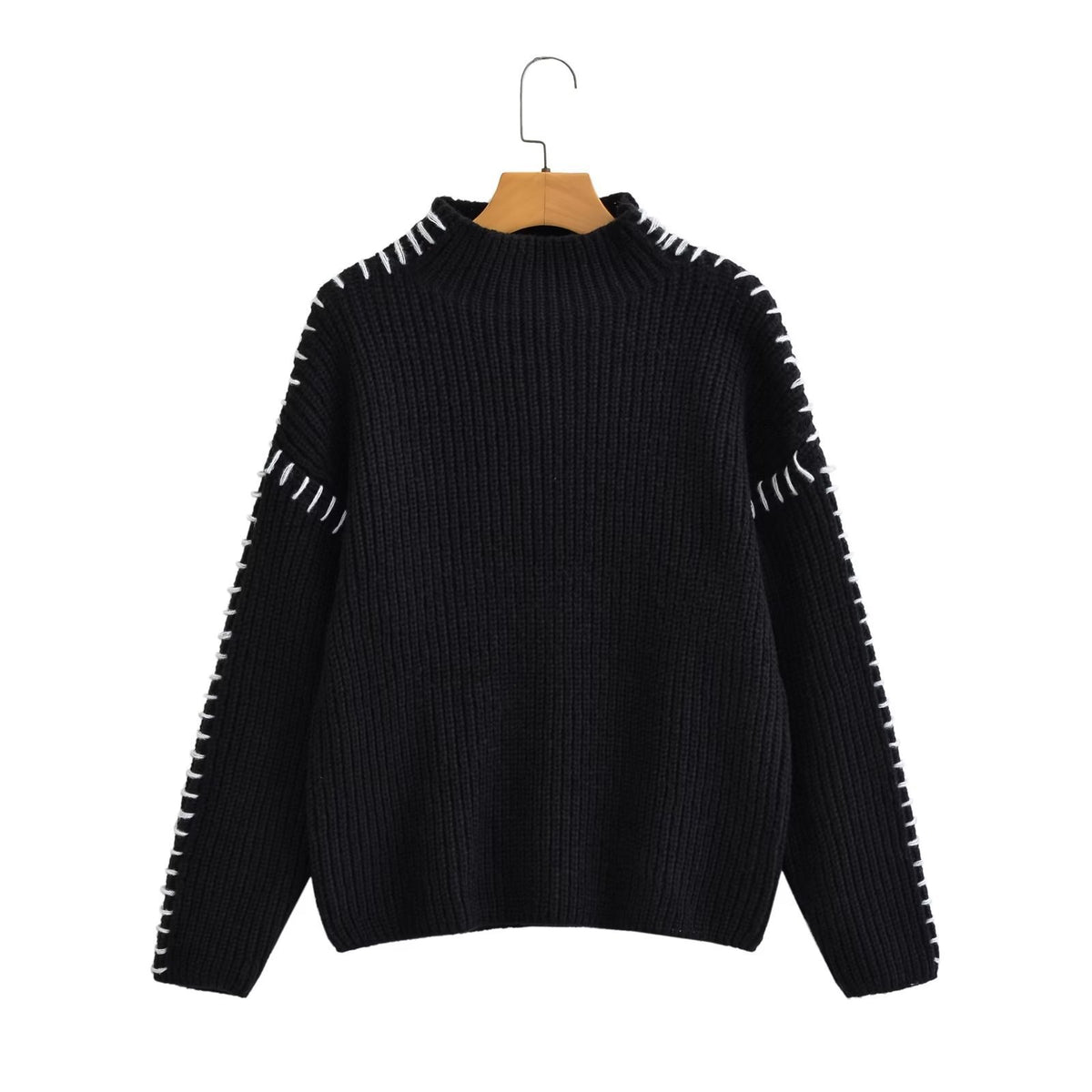 Guinevere Contrast-Stitch Mock Neck Sweater