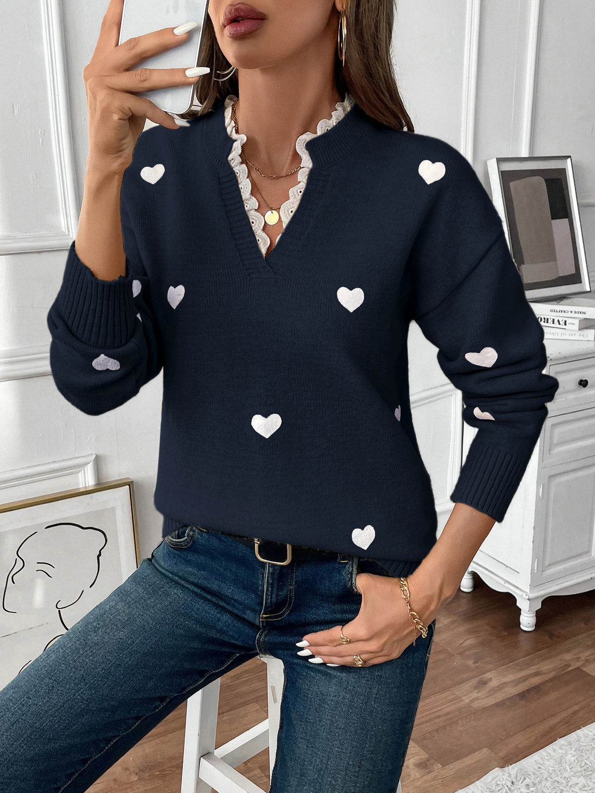 Candela Heart Embroidered Lace V-Neck Sweater