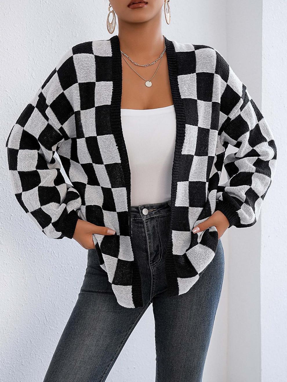 Avielle Deer Plush Checkerboard Cardigan