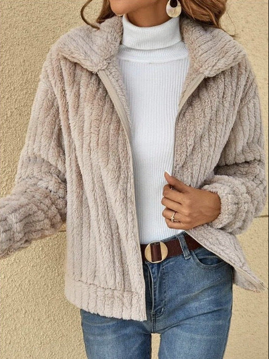 Margo & Main - taupe plush lapel collar short coat, full front view on model, US women's sizes