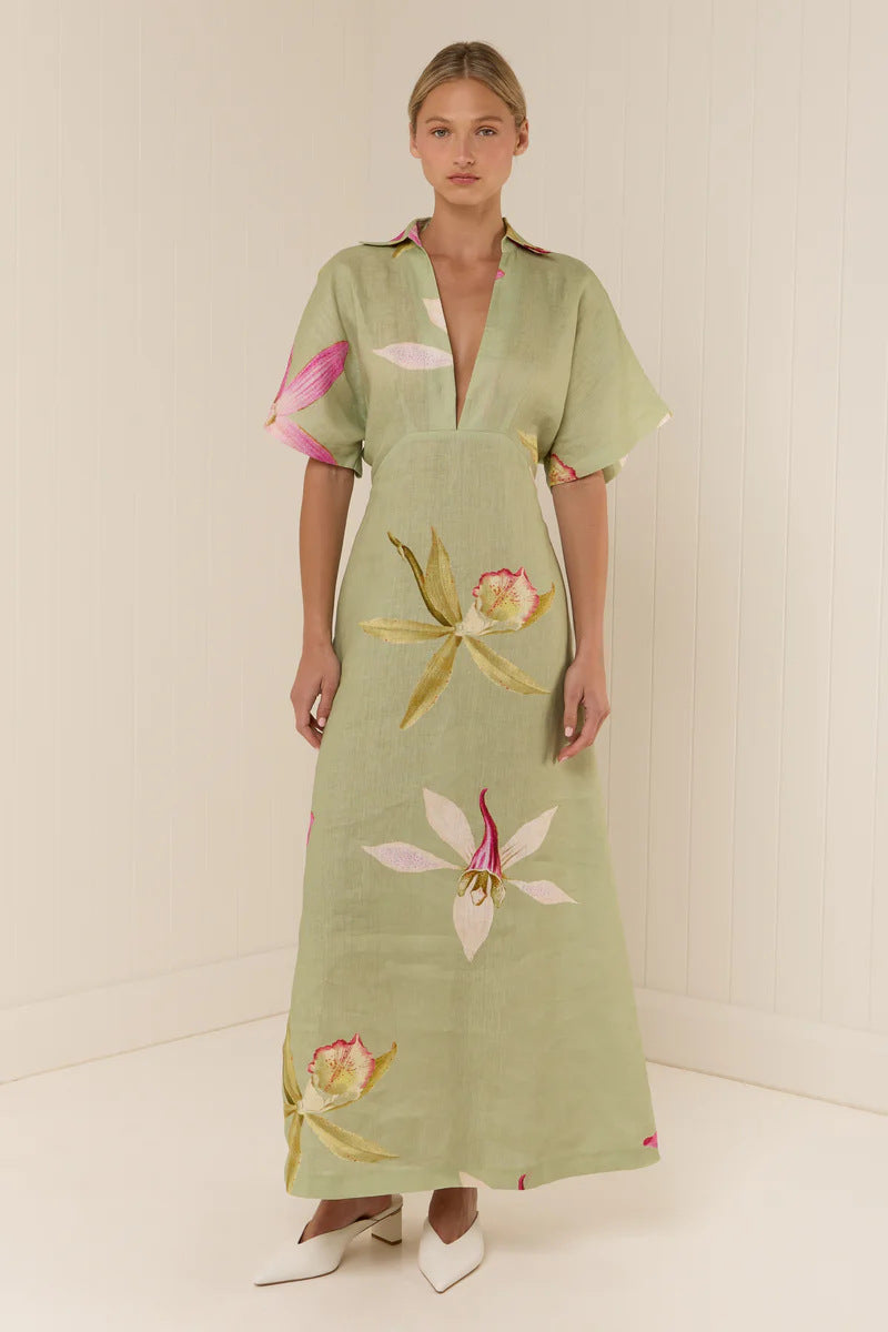 Margo & Main – linen floral collared maxi dress, detail view, US women's sizes