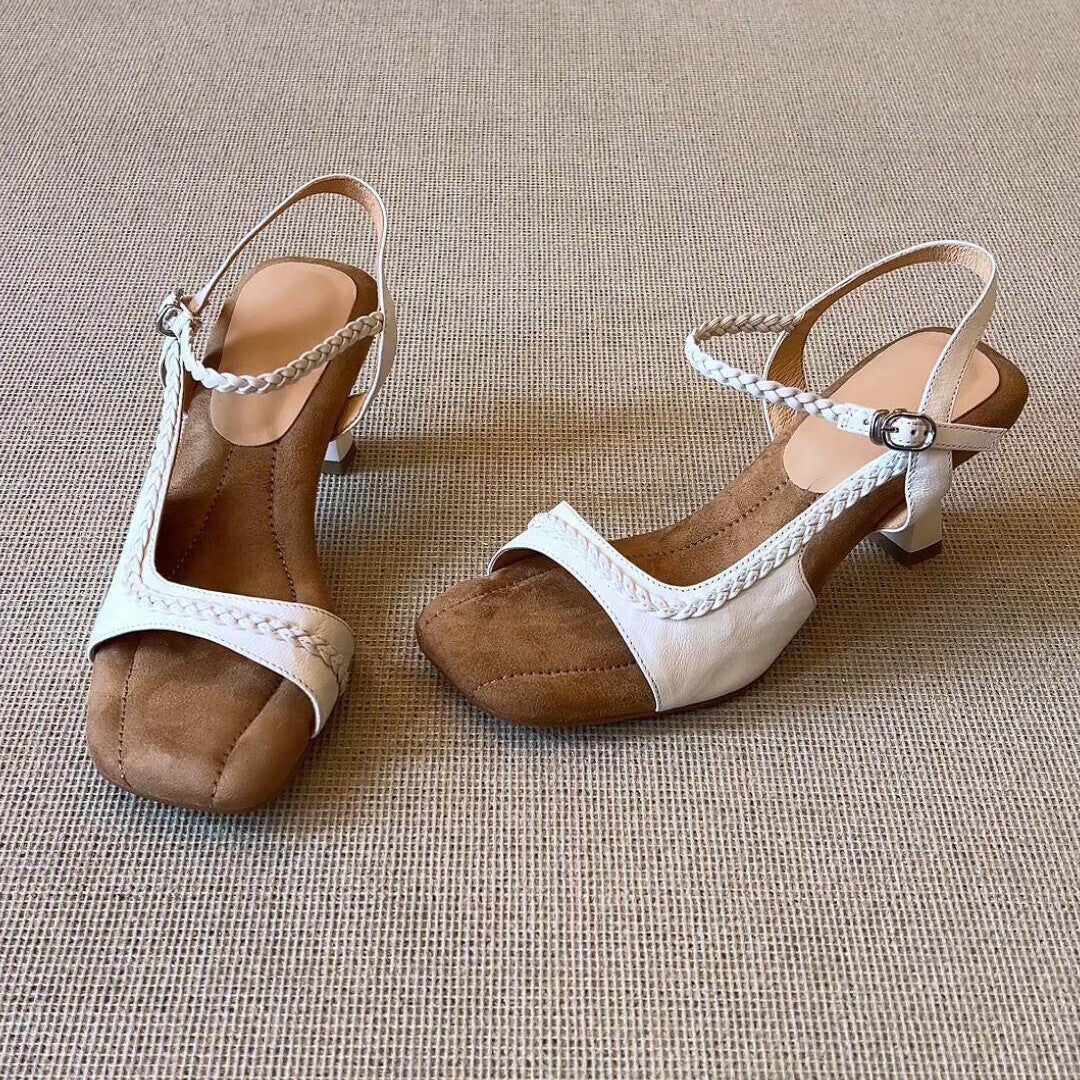 Elvira Genuine Leather Braided Low Heel Sandals