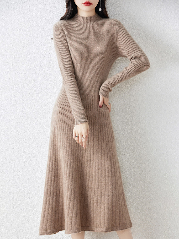 Margo & Main - tan ribbed knit sweater dress full front view on model, US women's sizes