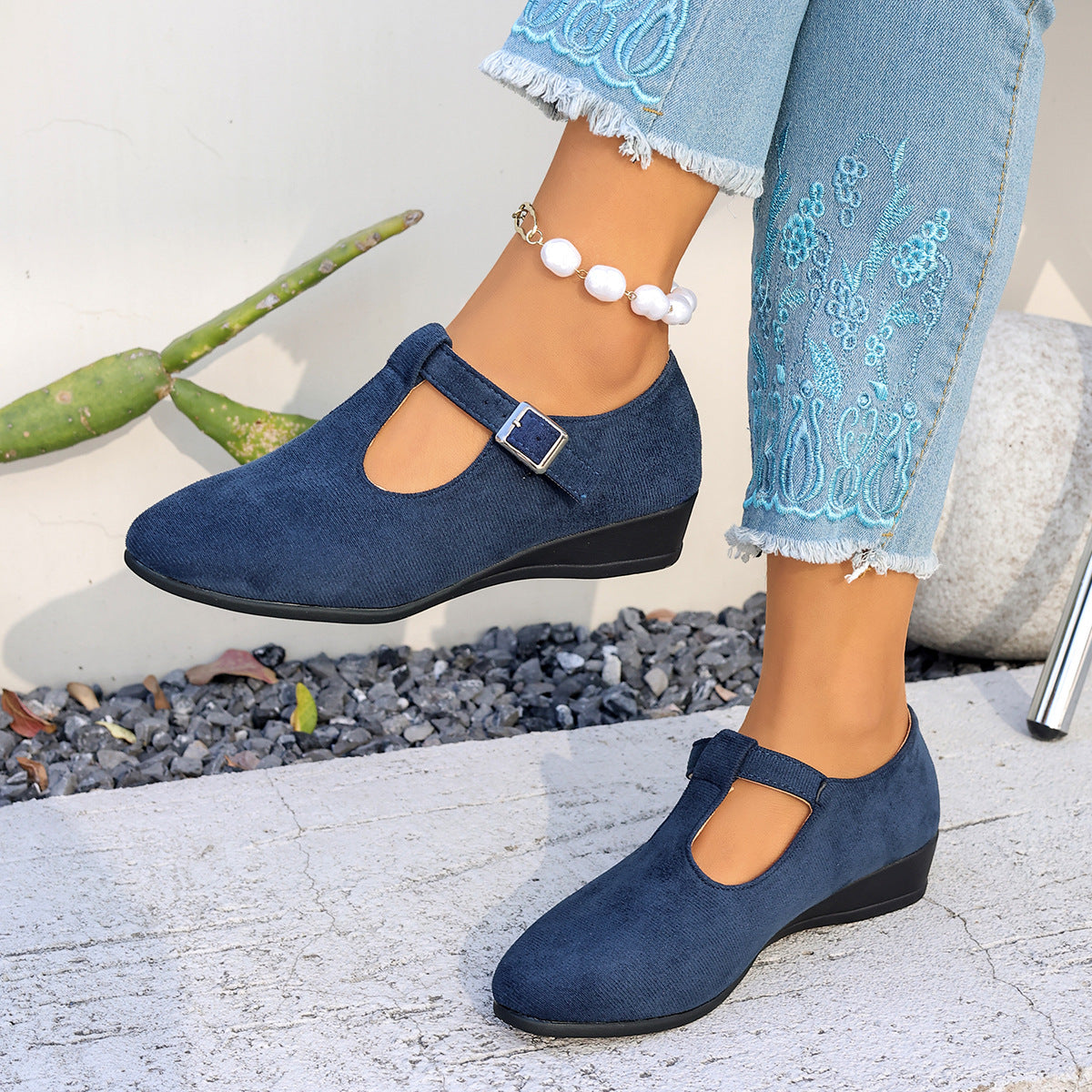 Margo & Main - navy suede T-strap wedge Mary Janes front view, US women's sizes
