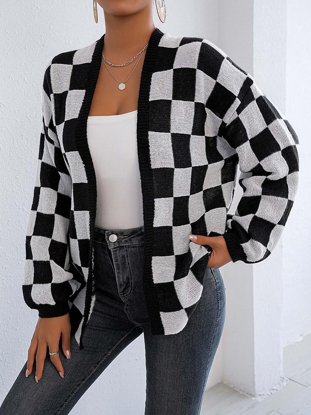 Avielle Deer Plush Checkerboard Cardigan