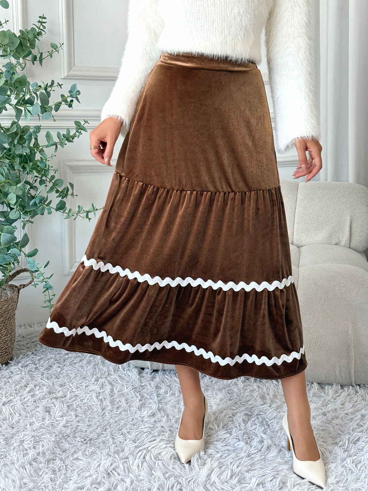 Marnie Velvet Tiered Ric Rac Midi Skirt