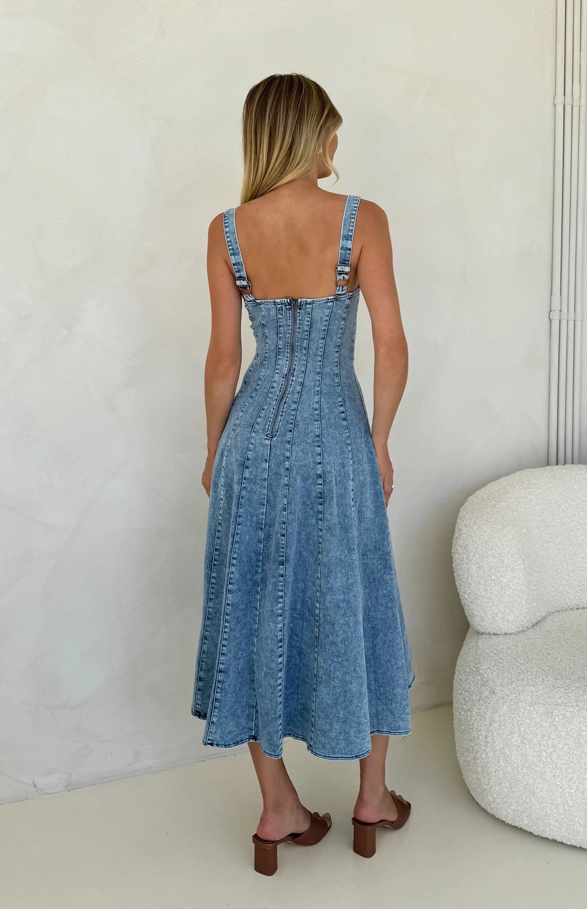 Margo & Main – blue square neck denim maxi dress, back view, US women's sizes