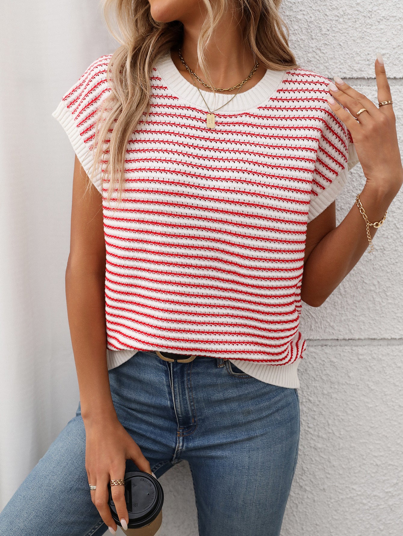 Irene Striped Textured Cap Sleeve Knit Top