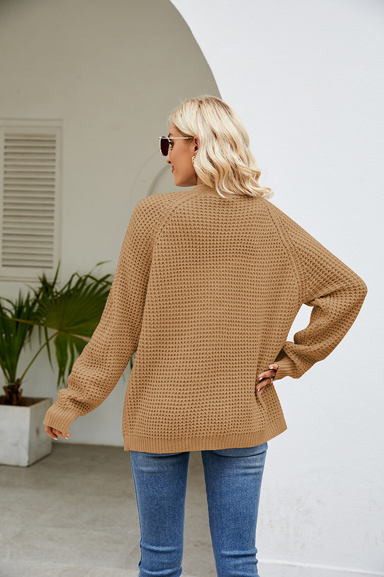 Margo & Main – waffle knit open front cardigan, styled view, US women's sizes
