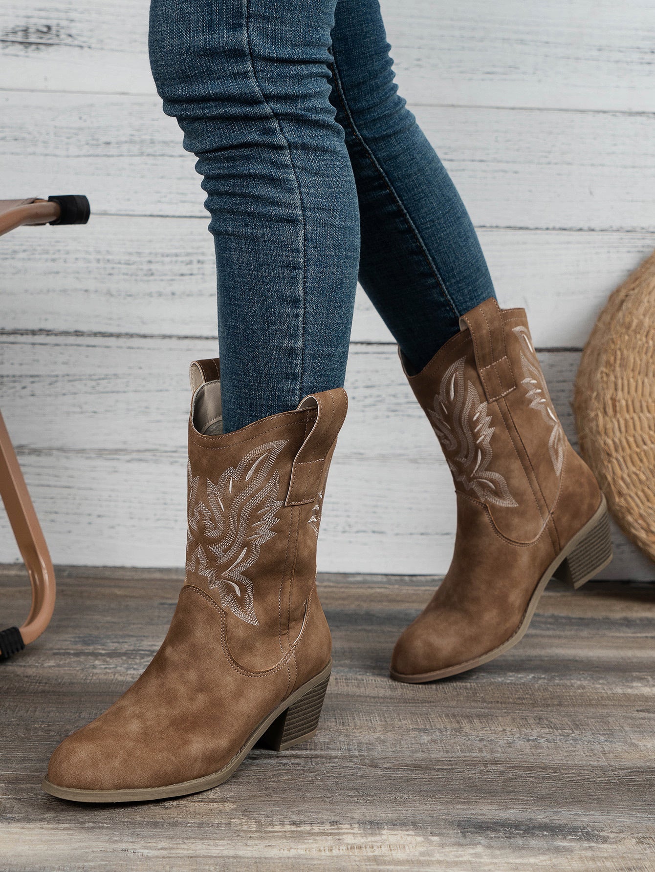 Margo & Main – embroidered mid-calf western boots, back view, US women's sizes