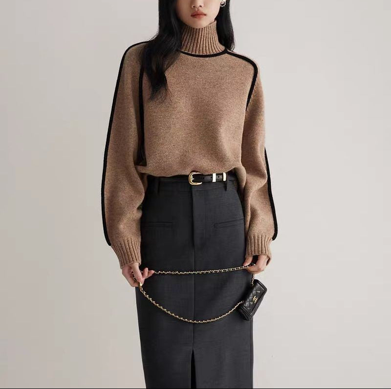 Margo & Main – contrast piping turtleneck sweater, fabric detail, US women's sizes