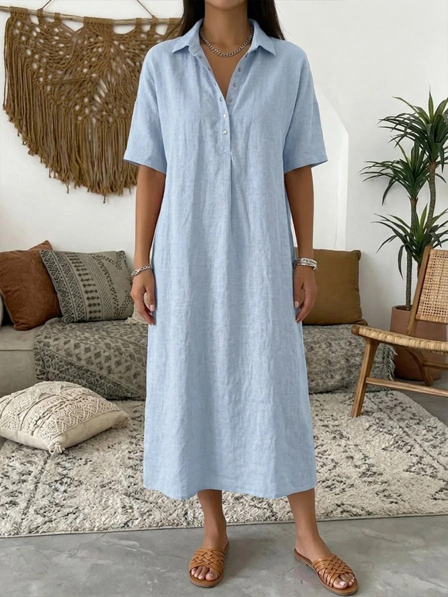 Margo & Main – Fenna light blue collared linen shirt midi dress, full-length front view in a boho living room, US women's sizes