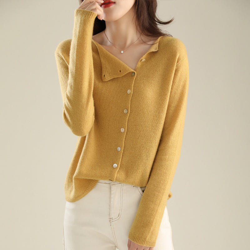 Margo & Main – asymmetric button knit sweater, styled view, US women's sizes