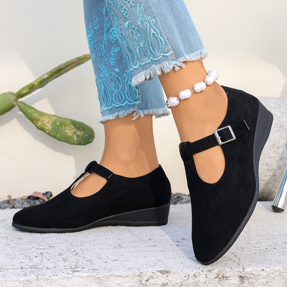 Margo & Main - black suede T-strap wedge Mary Janes angled pair, US women's sizes