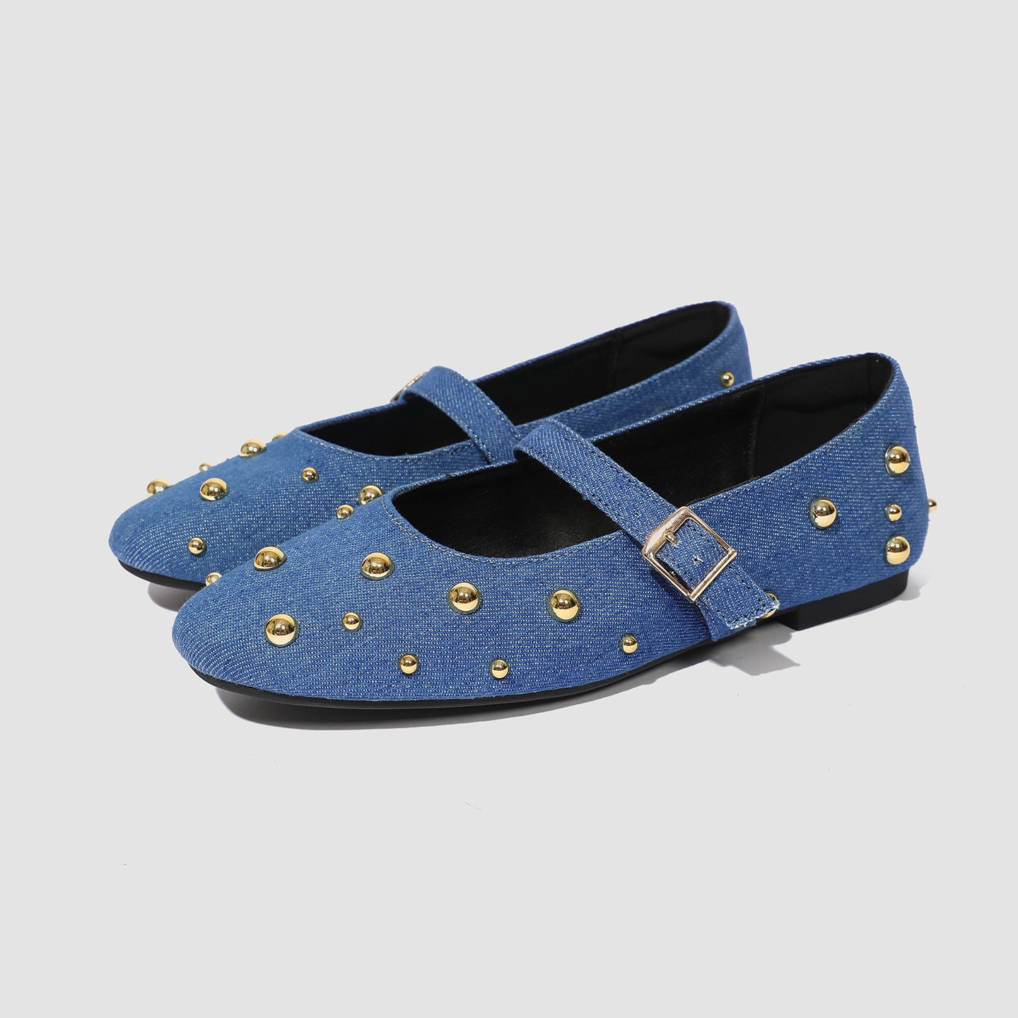 Margo & Main – denim blue studded mary jane flats, angled pair view, US women's sizes