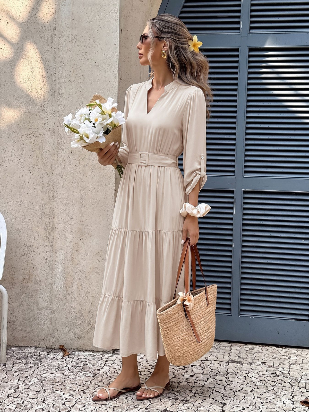 Caroline Flattering Belted Midi Dress