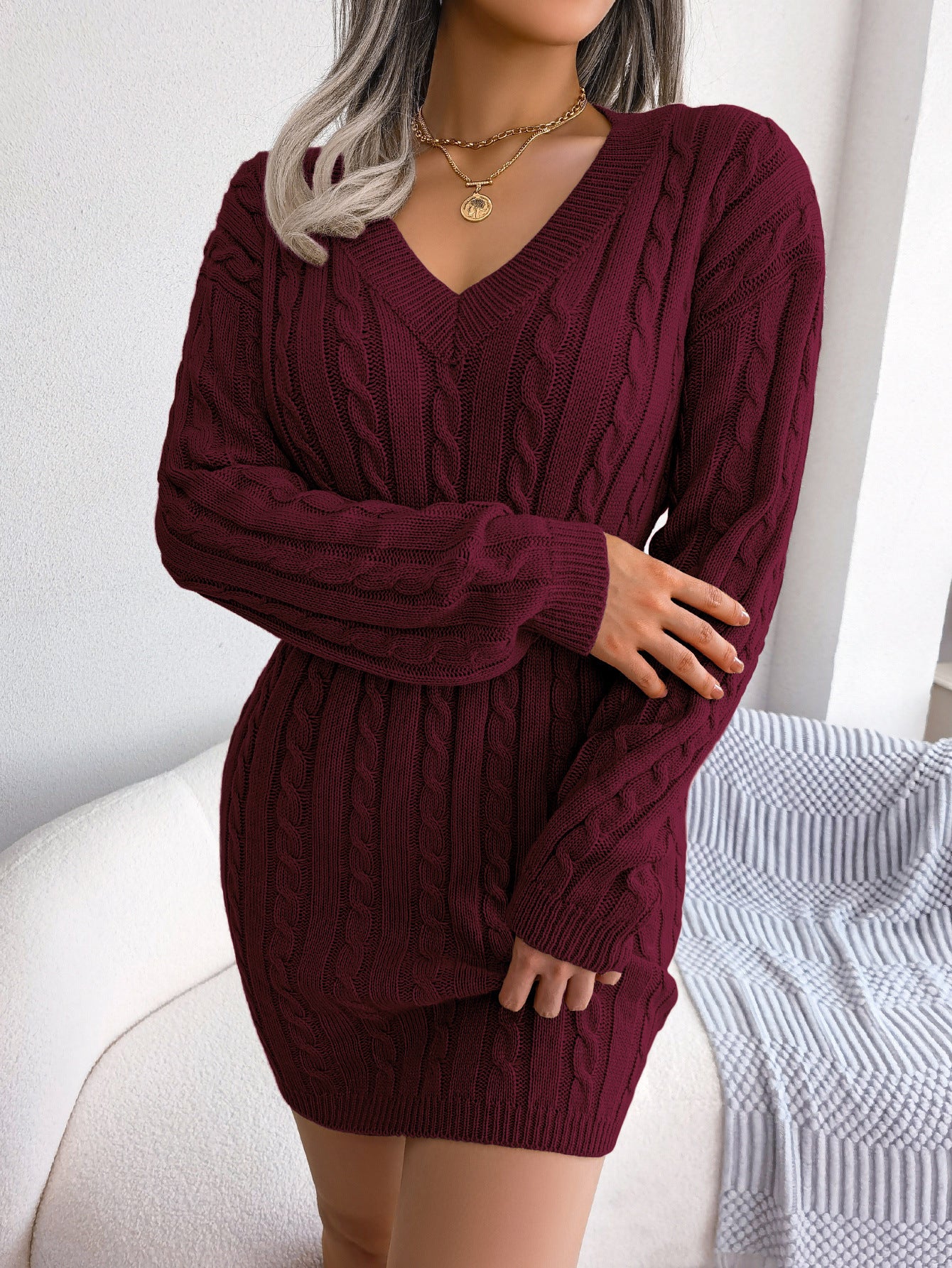 Margo & Main – cable-knit smocked-waist sweater dress, front view, US women's sizes