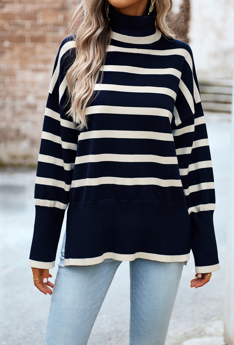 Elvie Striped Mock Neck Side-Slit Sweater