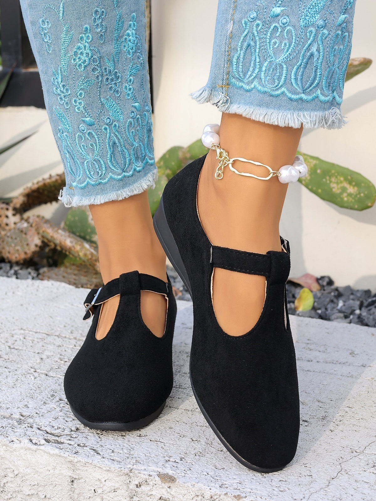 Cosette T-Strap Suede Wedge Mary Janes
