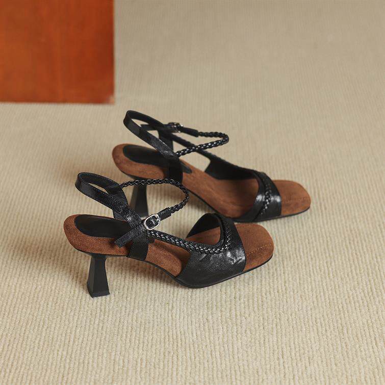 Elvira Genuine Leather Braided Low Heel Sandals