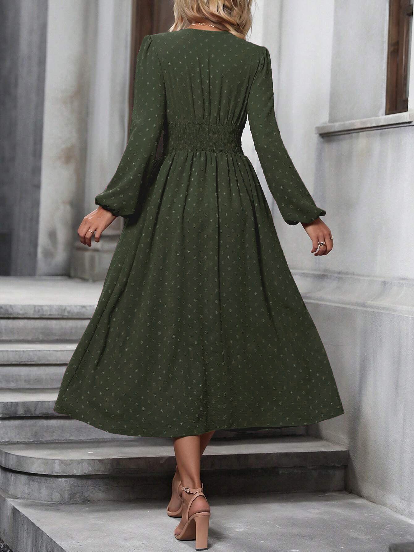 Margo & Main – swiss dot lantern sleeve midi dress, full length view, US women's sizes