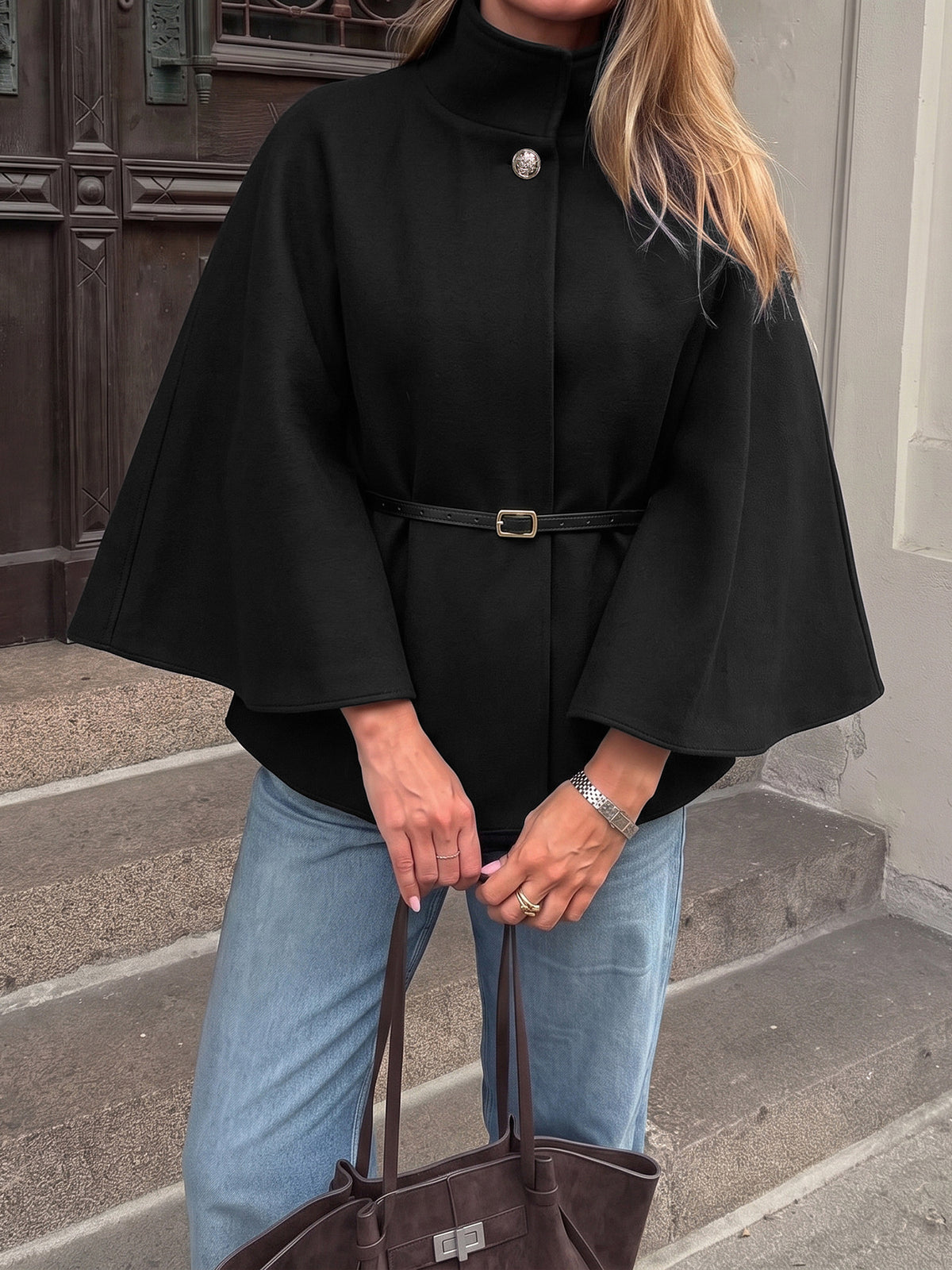 Chloris Wool Belted Stand-Collar Cape Coat