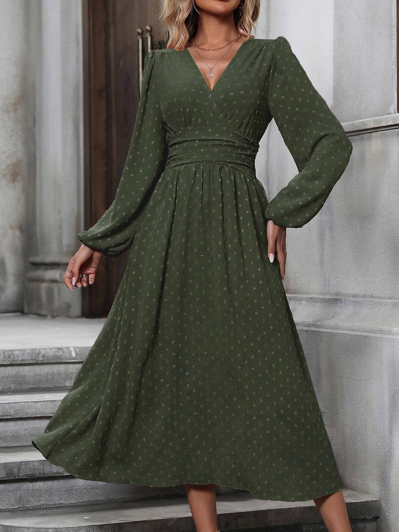 Margo & Main – swiss dot lantern sleeve midi dress, close-up view, US women's sizes