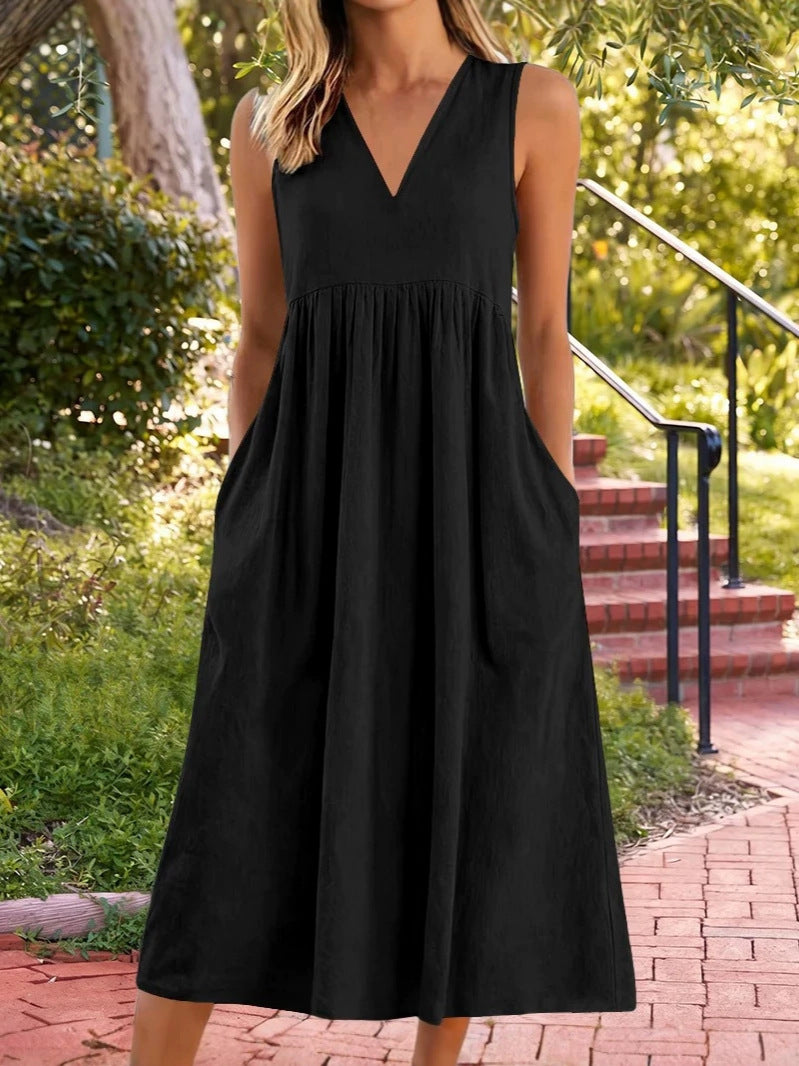 2026 Spring/Summer Cross-Border European and American Amazon Cotton Linen Casual V-Neck Sleeveless Solid Color Mid-Length Dress with Workwear Pockets