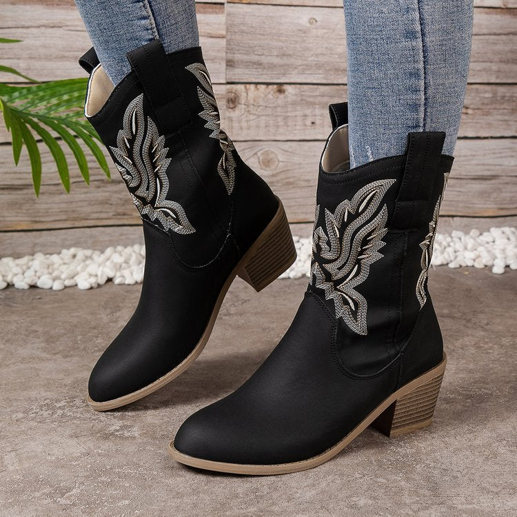 Margo & Main – embroidered mid-calf western boots, close-up view, US women's sizes