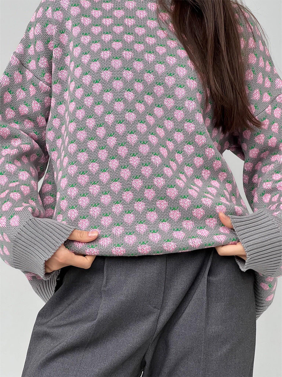 Alodie Strawberry Jacquard Crew Neck Sweater