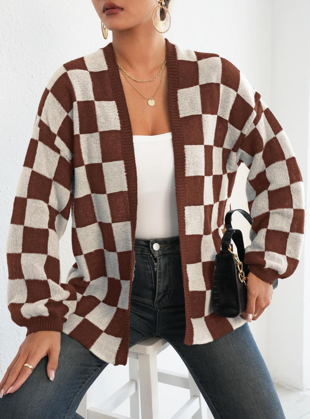 Avielle Deer Plush Checkerboard Cardigan