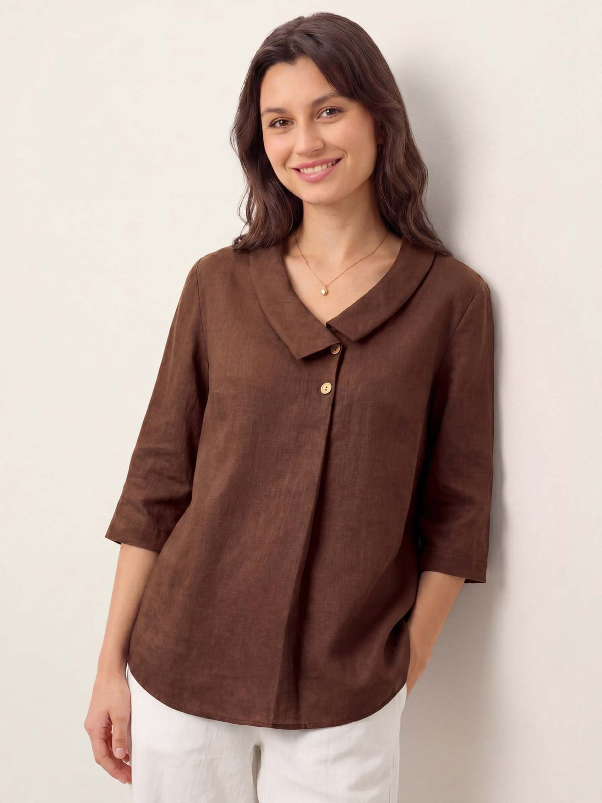 Margo & Main – Bettina coffee brown tunic blouse, front view on model, US women's sizes