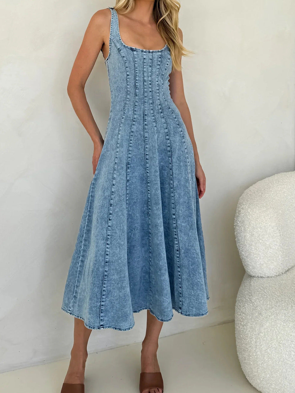 Margo & Main – blue square neck denim maxi dress, front view, US women's sizes
