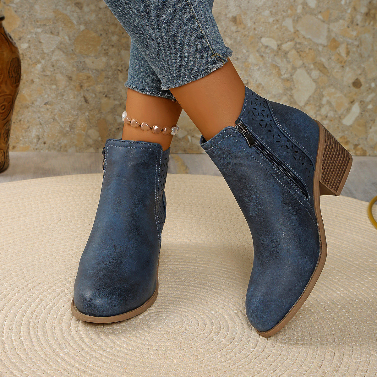 Margo & Main – cutout block heel ankle boots, styled view, US women's sizes