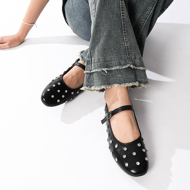 Margo & Main – black rhinestone mary jane flats worn seated, styled view, US women's sizes