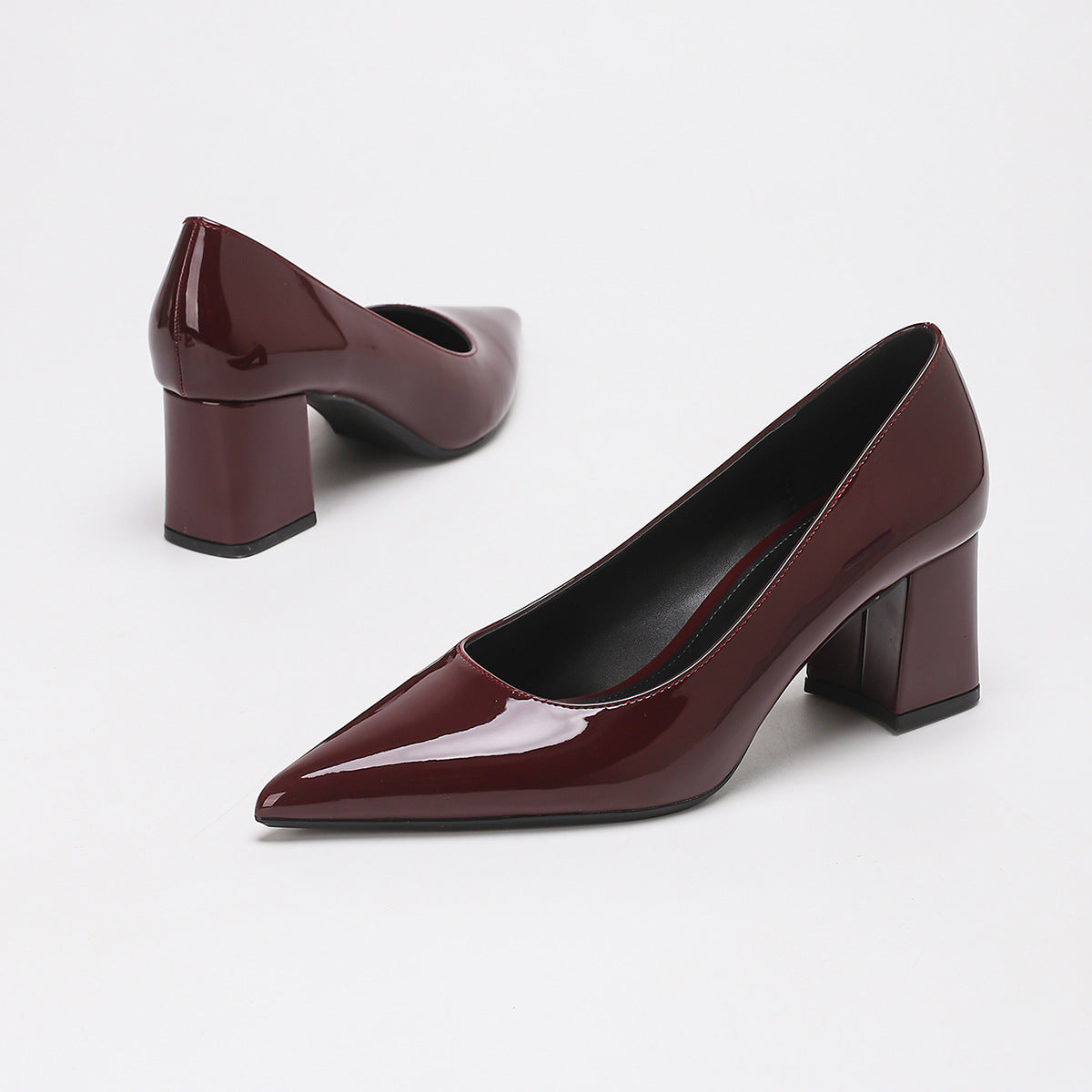 Margo & Main – patent pointed toe block heel pumps, detail view, US women's sizes