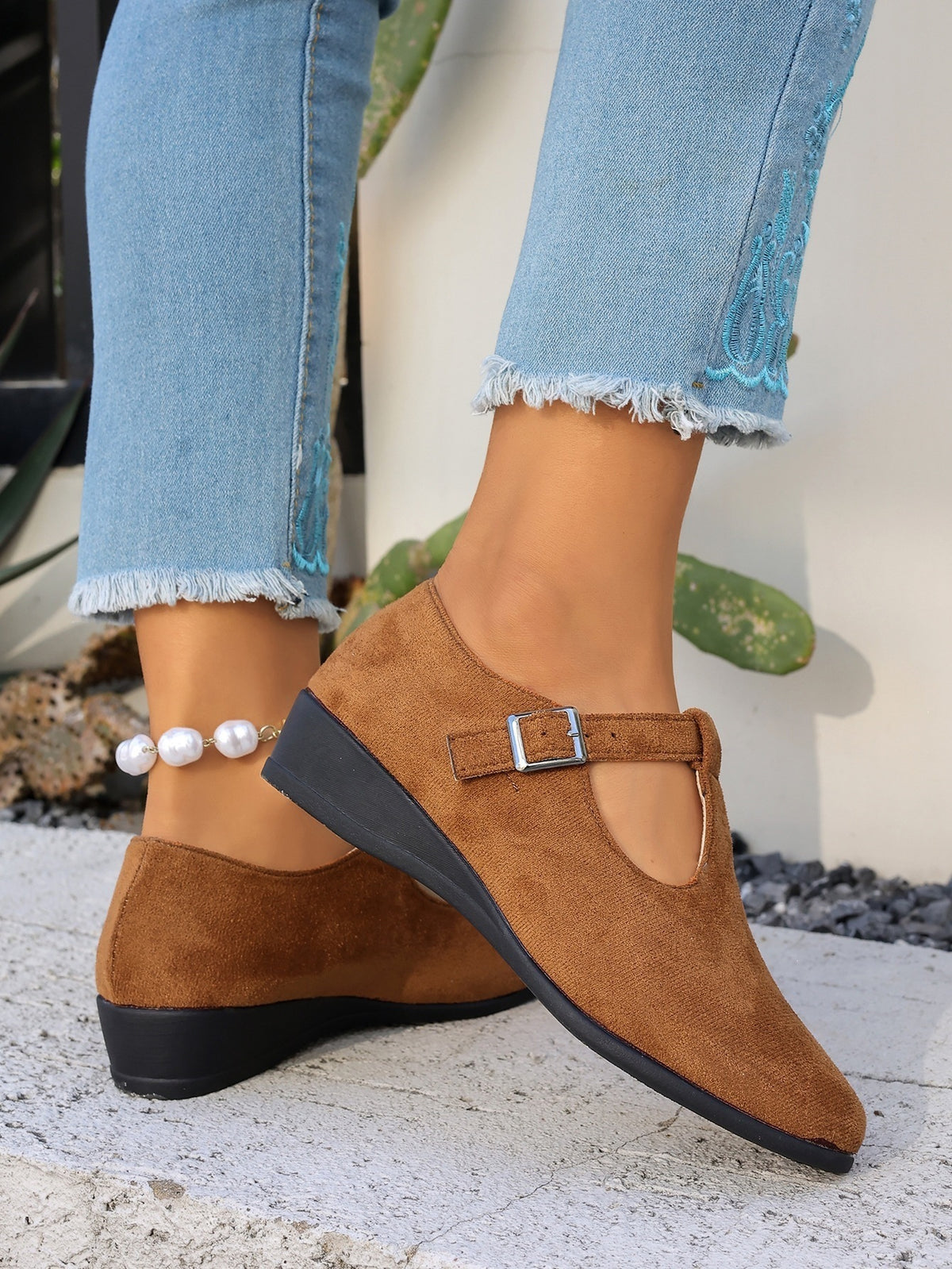 Cosette T-Strap Suede Wedge Mary Janes
