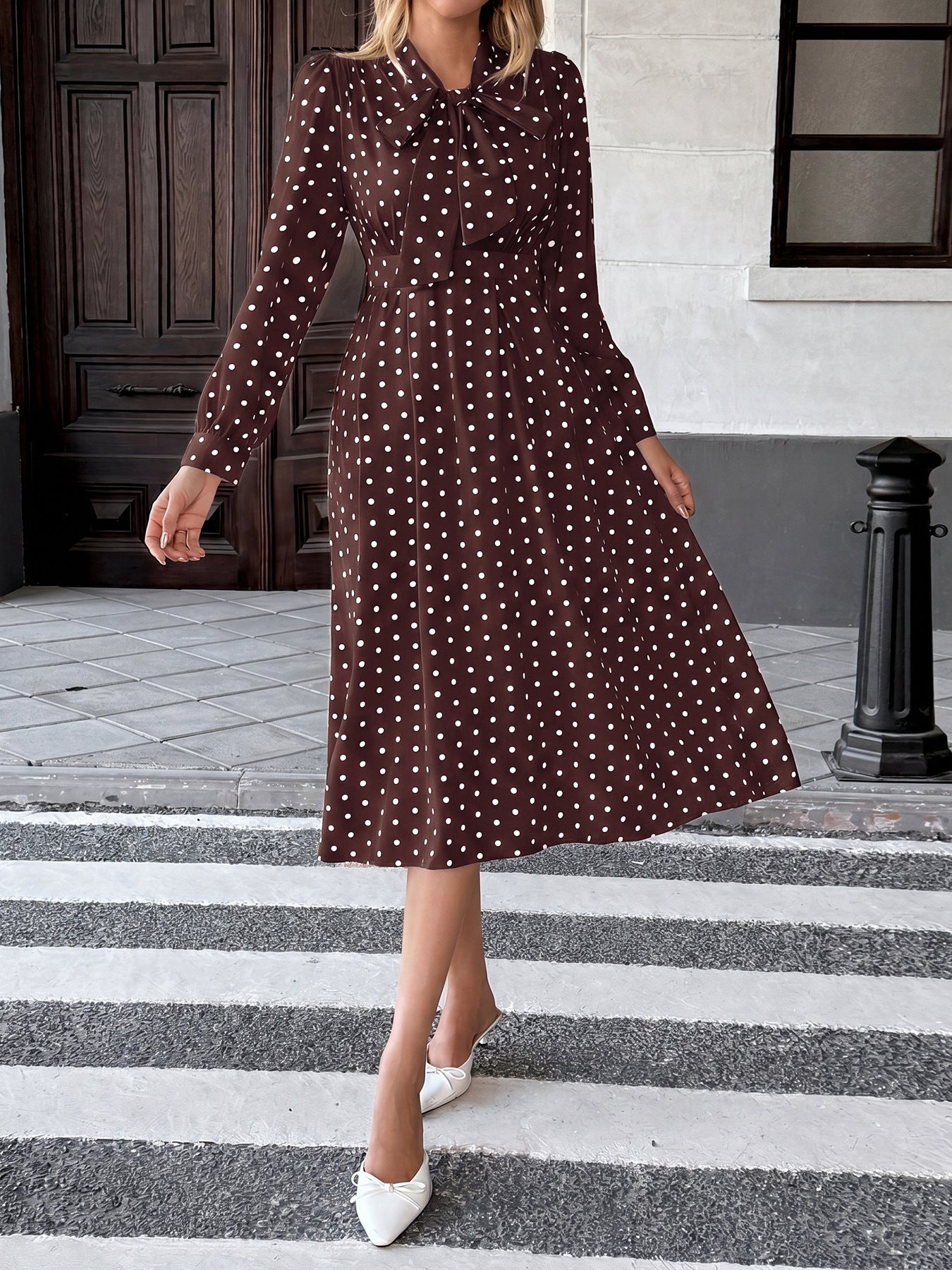 Margo & Main – polka dot tie neck pleated midi dress, additional view 11, US women's sizes