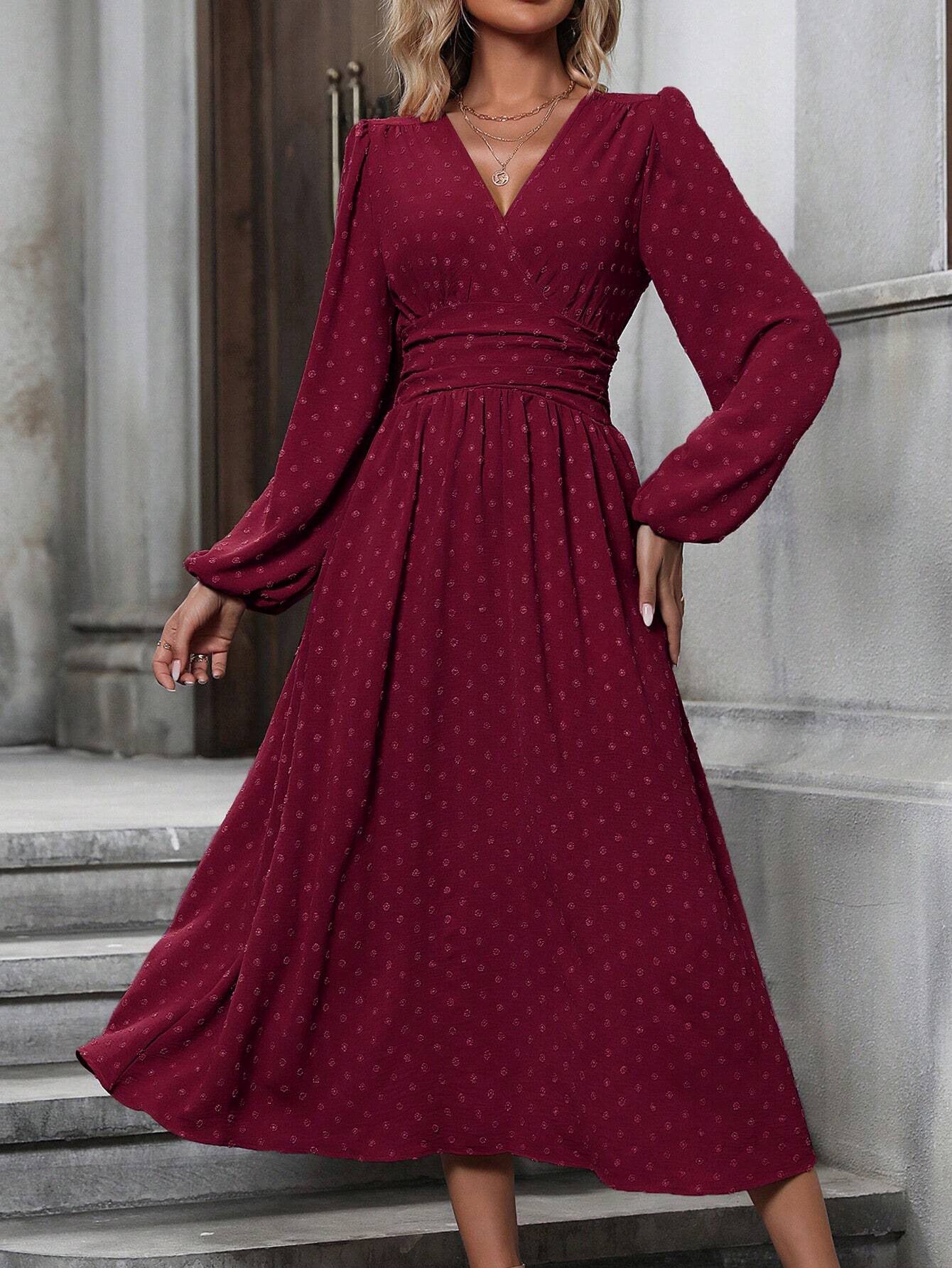 Margo & Main – Burgundy Swiss Dot Chiffon Midi Dress Swiss Dot Fabric Detail, US women's sizes
