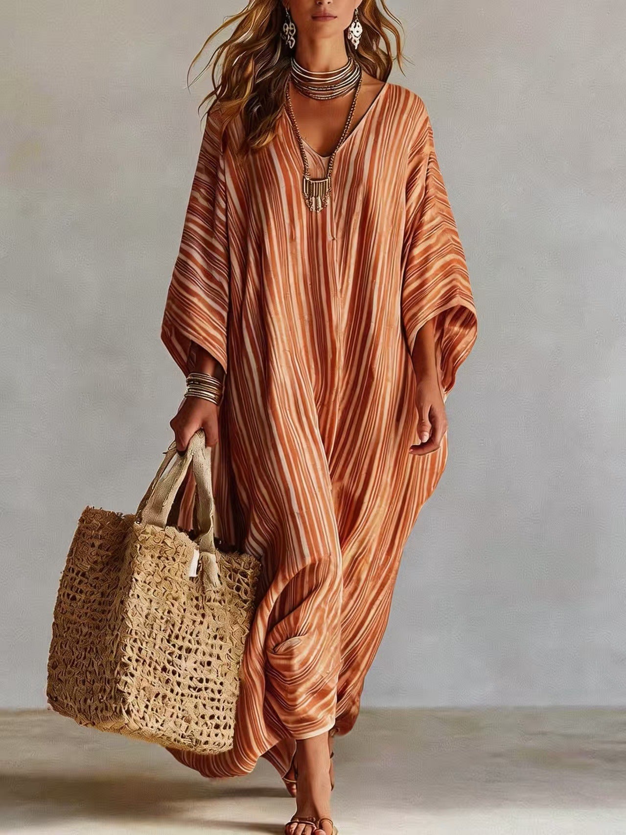 Margo & Main – striped v-neck caftan maxi dress, styled view, US women's sizes