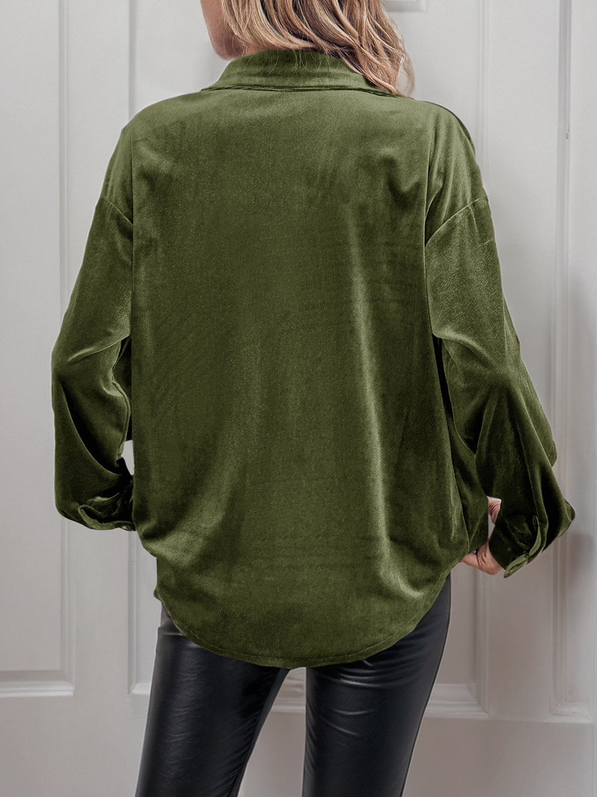Margo & Main green velvet button-front shirt — back view of the curved hem and long sleeves