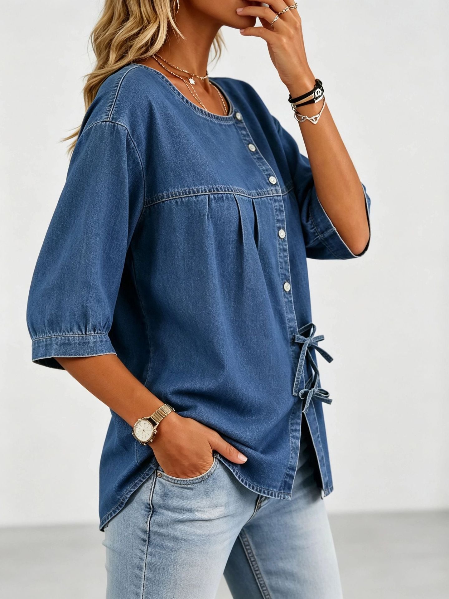 Elin Denim Tie-Front Buttoned Blouse